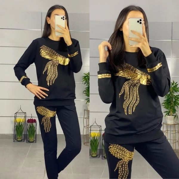 Kadın Uzun Kollu Tavus Kuşu Baskılı Iki Iplik Ikili Takım