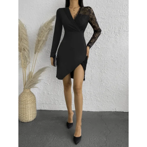 Kadın Uzun Kollu Tek Kolu Dantel Detay V Yakalı Yırtmaçlı Dalgıç Elbise