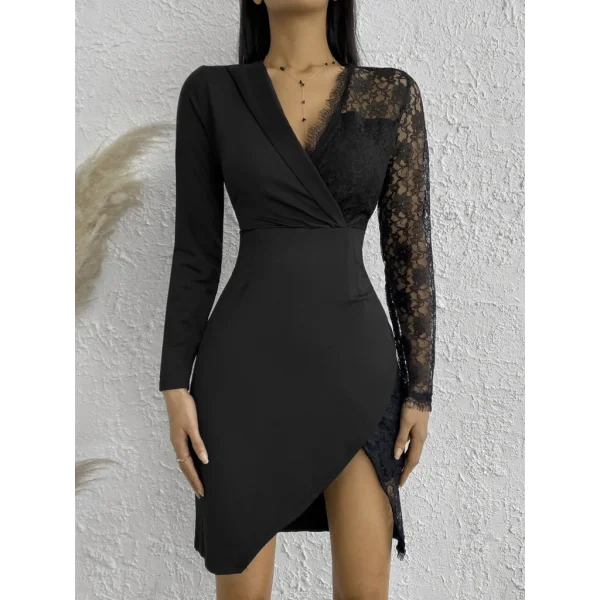 Kadın Uzun Kollu Tek Kolu Dantel Detay V Yakalı Yırtmaçlı Dalgıç Elbise