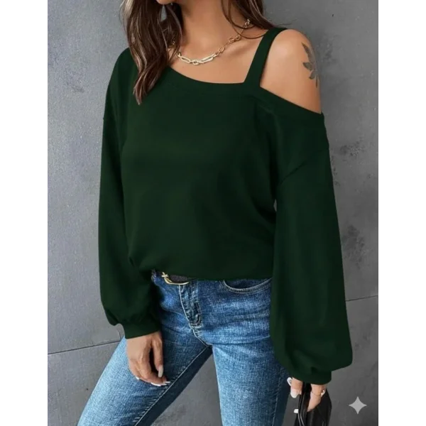 Kadın Uzun Kollu Tek Omuz Askı Detay Salaş Viskon Iki Iplik Bluz