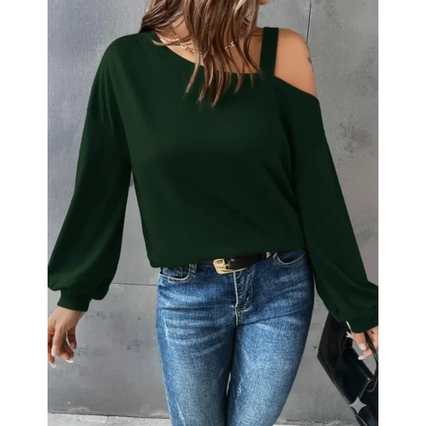 Kadın Uzun Kollu Tek Omuz Askı Detay Salaş Viskon Iki Iplik Bluz