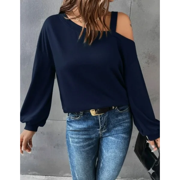 Kadın Uzun Kollu Tek Omuz Askı Detay Salaş Viskon Iki Iplik Bluz