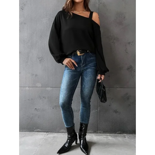 Kadın Uzun Kollu Tek Omuz Askı Detay Salaş Viskon Iki Iplik Bluz