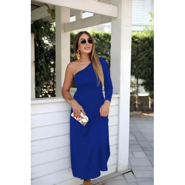 Kadın Uzun Kollu Tek Omuz Detay Krep Elbise