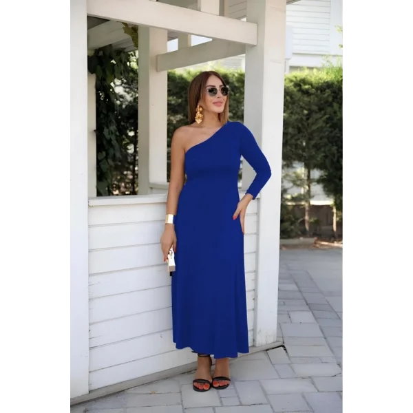 Kadın Uzun Kollu Tek Omuz Detay Krep Elbise