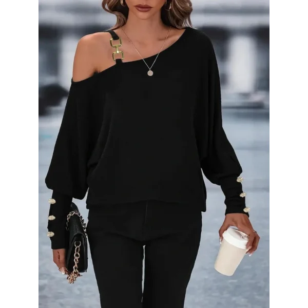 Kadın Uzun Kollu Tek Omuzdan Açık Askı Detaylı Waffle Bluz