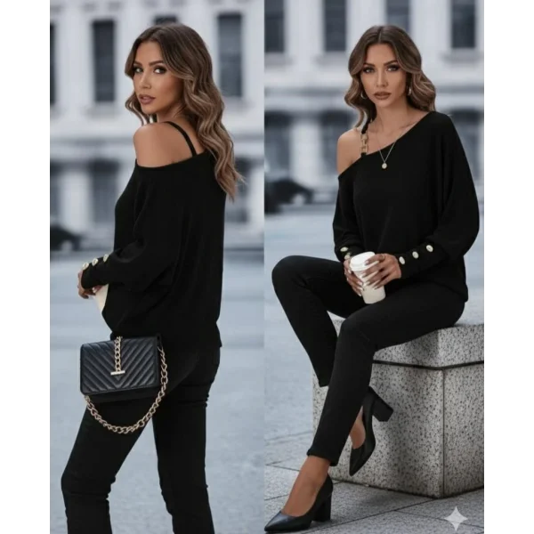 Kadın Uzun Kollu Tek Omuzdan Açık Askı Detaylı Waffle Bluz