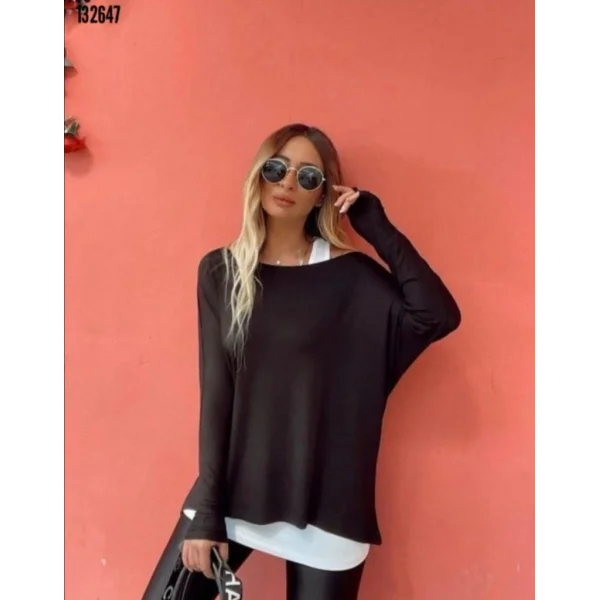 Kadın Uzun Kollu Tek Omuzdan Açık çilek Bluz Ve Viskon Atlet Ikili Takım