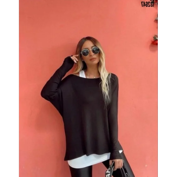 Kadın Uzun Kollu Tek Omuzdan Açık çilek Bluz Ve Viskon Atlet Ikili Takım