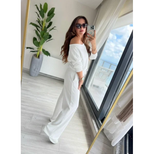 Kadın Uzun Kollu Tek Omuzdan Açık Dalgıç Bluz Ve Pantolon Ikili Takım