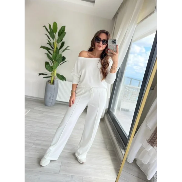 Kadın Uzun Kollu Tek Omuzdan Açık Dalgıç Bluz Ve Pantolon Ikili Takım