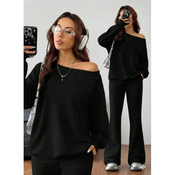 Kadın Uzun Kollu Tek Omuzdan Açık Iki Iplik Bluz Ve Pantolon Ikili Takım