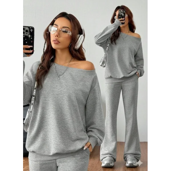Kadın Uzun Kollu Tek Omuzdan Açık Iki Iplik Bluz Ve Pantolon Ikili Takım