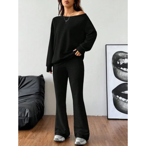 Kadın Uzun Kollu Tek Omuzdan Açık Iki Iplik Bluz Ve Pantolon Ikili Takım
