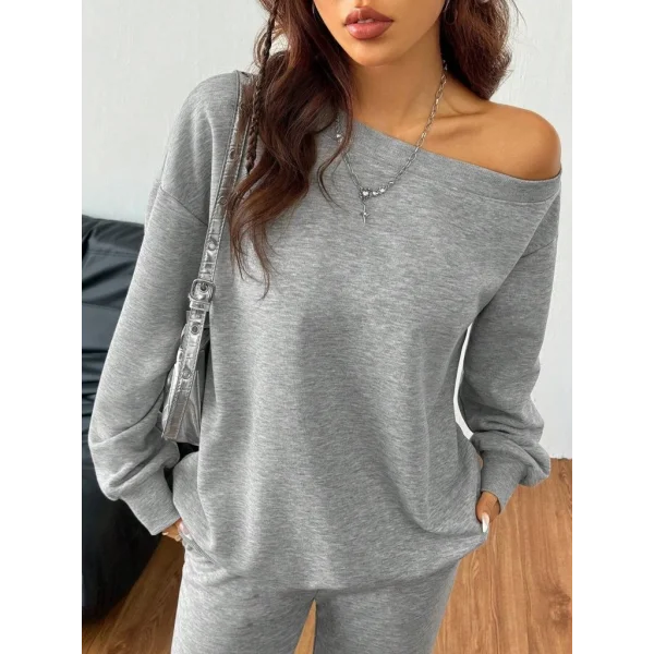 Kadın Uzun Kollu Tek Omuzdan Açık Iki Iplik Bluz Ve Pantolon Ikili Takım