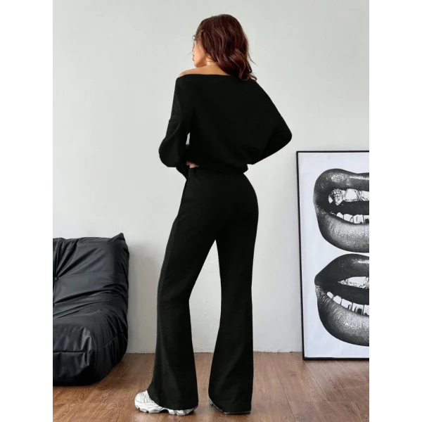 Kadın Uzun Kollu Tek Omuzdan Açık Iki Iplik Bluz Ve Pantolon Ikili Takım
