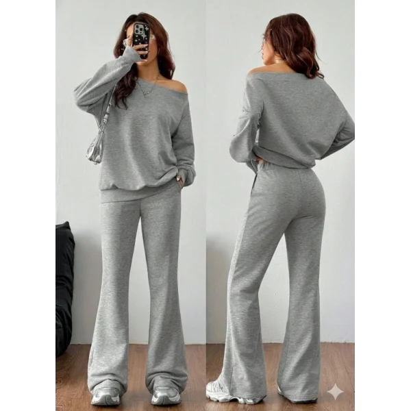 Kadın Uzun Kollu Tek Omuzdan Açık Iki Iplik Bluz Ve Pantolon Ikili Takım