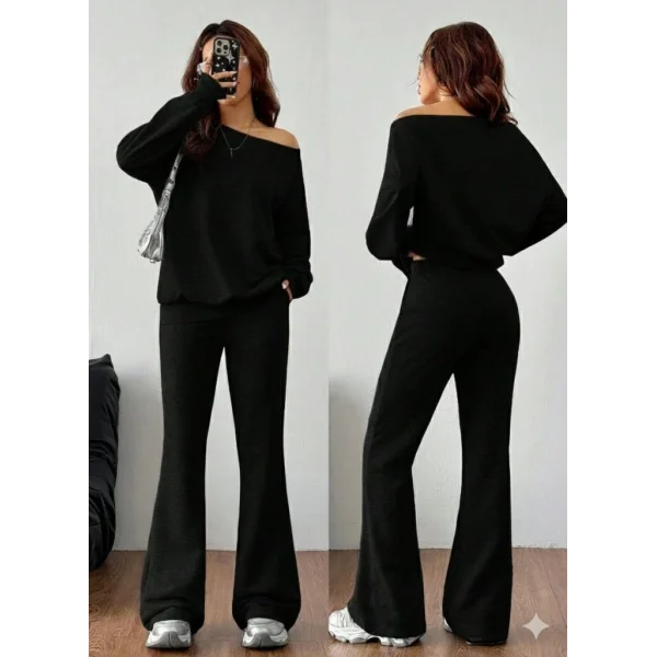 Kadın Uzun Kollu Tek Omuzdan Açık Iki Iplik Bluz Ve Pantolon Ikili Takım