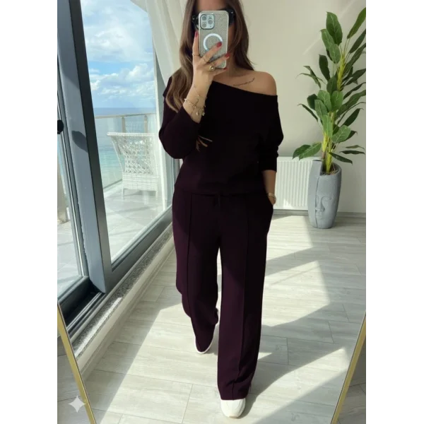 Kadın Uzun Kollu Tek Omuzdan Açık Modal Bluz Ve Pantolon Ikili Mürdüm Takım