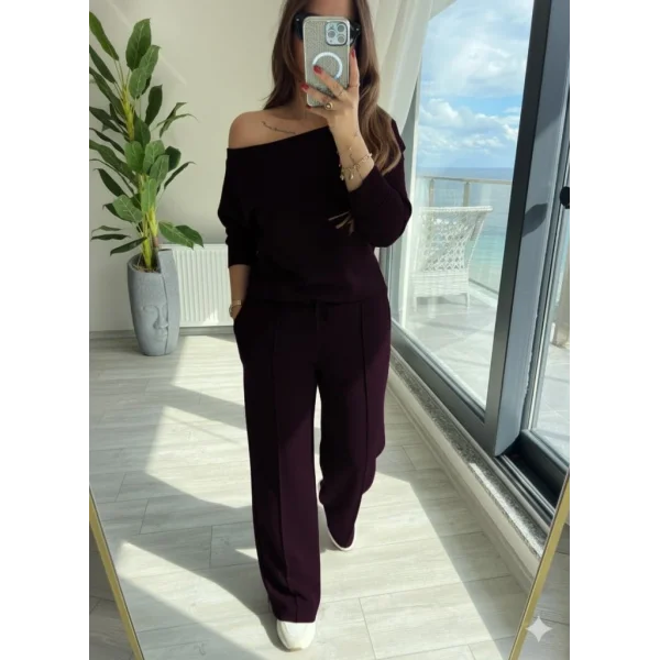 Kadın Uzun Kollu Tek Omuzdan Açık Modal Bluz Ve Pantolon Ikili Mürdüm Takım