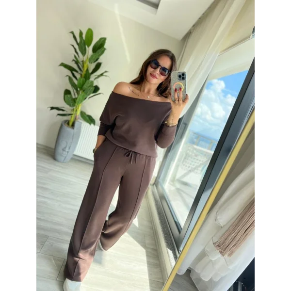 Kadın Uzun Kollu Tek Omuzdan Açık Modal Bluz Ve Pantolon Ikili Takım