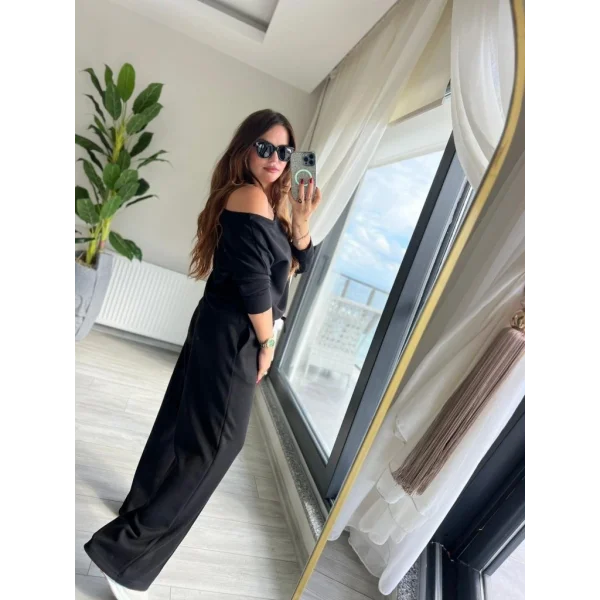Kadın Uzun Kollu Tek Omuzdan Açık Modal Bluz Ve Pantolon Ikili Takım