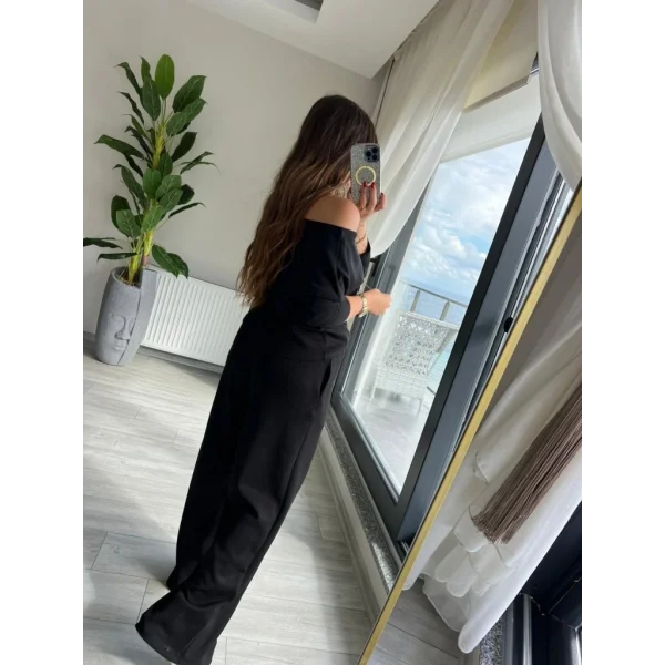 Kadın Uzun Kollu Tek Omuzdan Açık Modal Bluz Ve Pantolon Ikili Takım