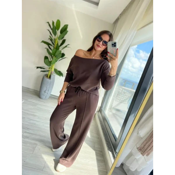 Kadın Uzun Kollu Tek Omuzdan Açık Modal Bluz Ve Pantolon Ikili Takım