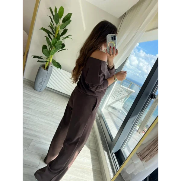 Kadın Uzun Kollu Tek Omuzdan Açık Modal Bluz Ve Pantolon Ikili Takım