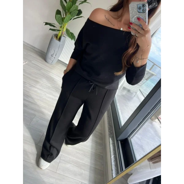 Kadın Uzun Kollu Tek Omuzdan Açık Modal Bluz Ve Pantolon Ikili Takım