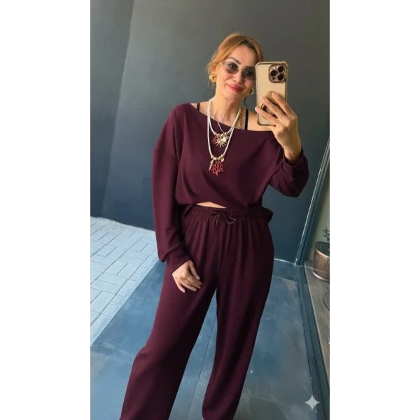 Kadın Uzun Kollu Tek Omuzdan Açık Viskon Iki Iplik Bluz Ve Pantolon Ikili Takım