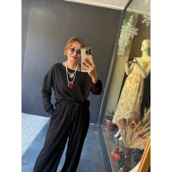 Kadın Uzun Kollu Tek Omuzdan Açık Viskon Iki Iplik Bluz Ve Pantolon Ikili Takım