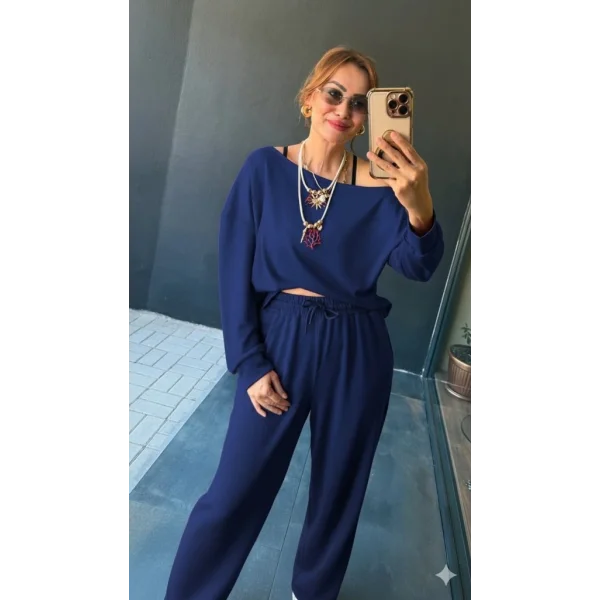 Kadın Uzun Kollu Tek Omuzdan Açık Viskon Iki Iplik Bluz Ve Pantolon Ikili Takım