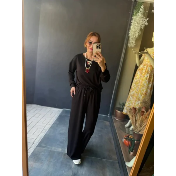 Kadın Uzun Kollu Tek Omuzdan Açık Viskon Iki Iplik Bluz Ve Pantolon Ikili Takım