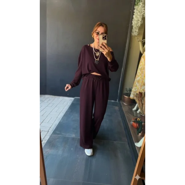 Kadın Uzun Kollu Tek Omuzdan Açık Viskon Iki Iplik Bluz Ve Pantolon Ikili Takım