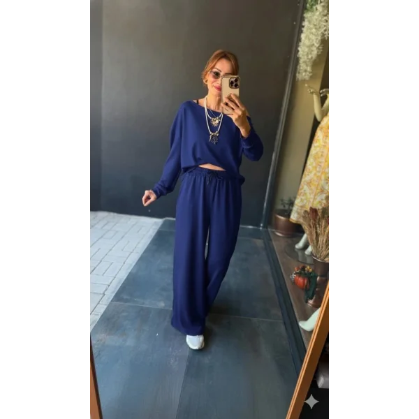 Kadın Uzun Kollu Tek Omuzdan Açık Viskon Iki Iplik Bluz Ve Pantolon Ikili Takım