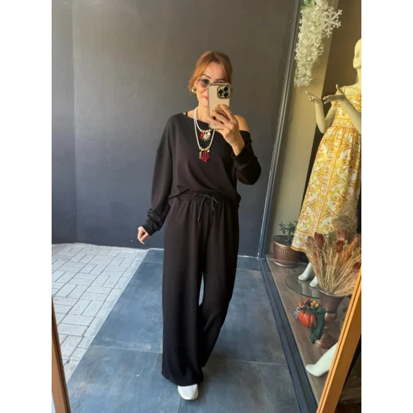 Kadın Uzun Kollu Tek Omuzdan Açık Viskon Iki Iplik Bluz Ve Pantolon Ikili Takım