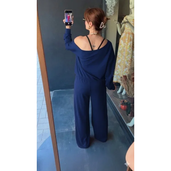 Kadın Uzun Kollu Tek Omuzdan Açık Viskon Iki Iplik Bluz Ve Pantolon Ikili Takım