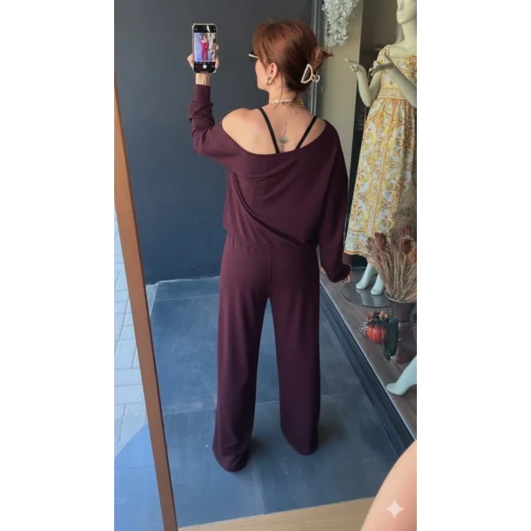 Kadın Uzun Kollu Tek Omuzdan Açık Viskon Iki Iplik Bluz Ve Pantolon Ikili Takım