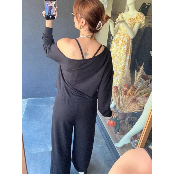 Kadın Uzun Kollu Tek Omuzdan Açık Viskon Iki Iplik Bluz Ve Pantolon Ikili Takım