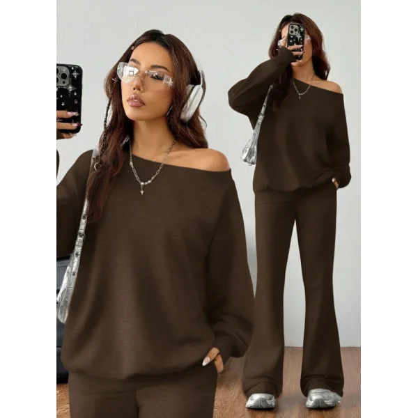 Kadın Uzun Kollu Tek Omuzdan ıkmiki Iplik Bluz Ve Pantolon Ikili Takım