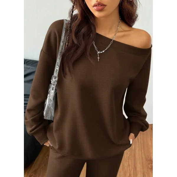Kadın Uzun Kollu Tek Omuzdan ıkmiki Iplik Bluz Ve Pantolon Ikili Takım