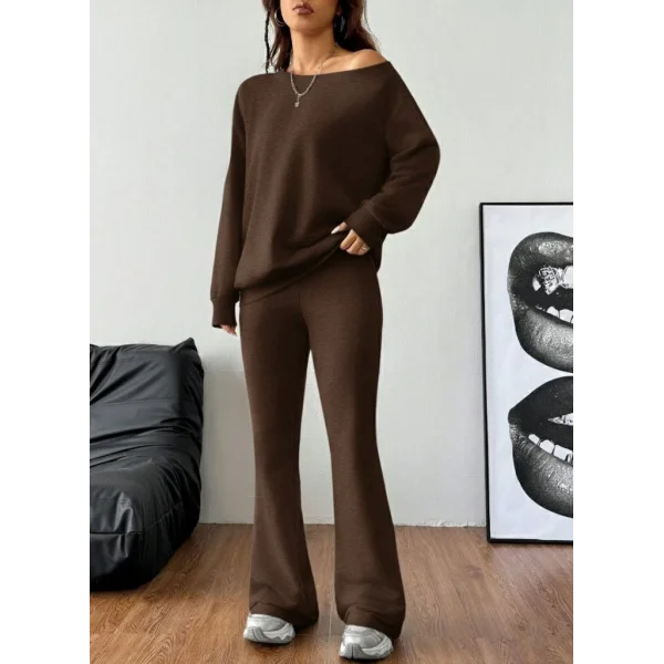 Kadın Uzun Kollu Tek Omuzdan ıkmiki Iplik Bluz Ve Pantolon Ikili Takım