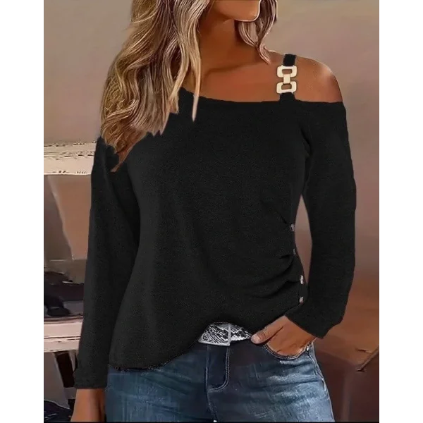 Kadın Uzun Kollu Tek Omuzu Açık Askılı Toka Ve Düğme Detaylı Yumuşak Bluz