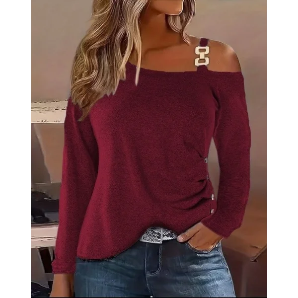 Kadın Uzun Kollu Tek Omuzu Açık Askılı Toka Ve Düğme Detaylı Yumuşak Bluz