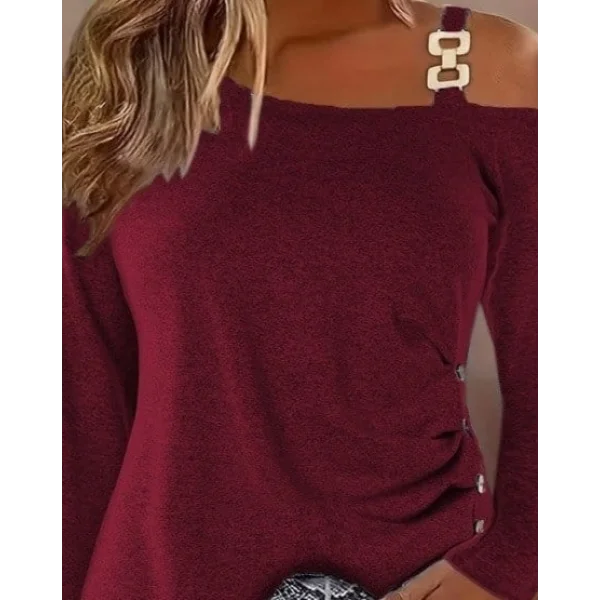 Kadın Uzun Kollu Tek Omuzu Açık Askılı Toka Ve Düğme Detaylı Yumuşak Bluz