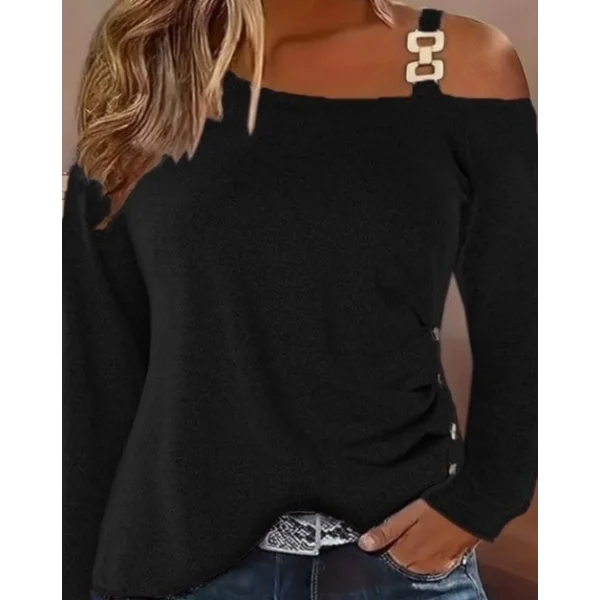 Kadın Uzun Kollu Tek Omuzu Açık Askılı Toka Ve Düğme Detaylı Yumuşak Bluz