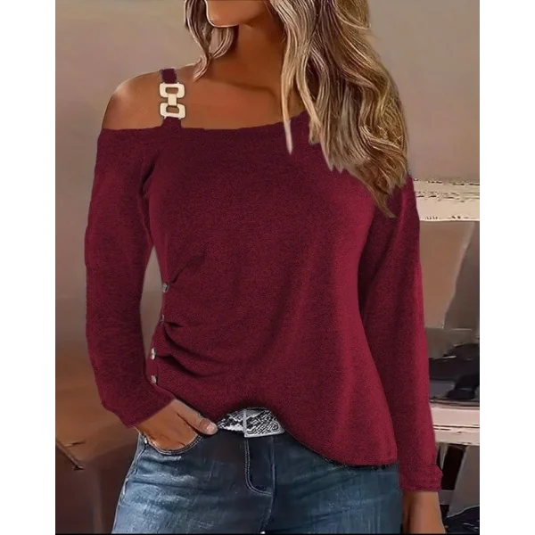 Kadın Uzun Kollu Tek Omuzu Açık Askılı Toka Ve Düğme Detaylı Yumuşak Bluz