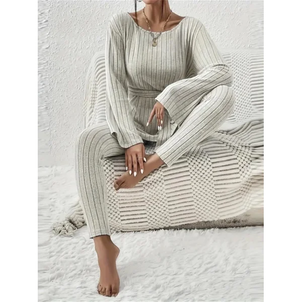 Kadın Uzun Kollu Tek Omuzu Açık Belden Kuşaklı şardonlu Kaşkorse Bluz Ve Tayt Pantolon