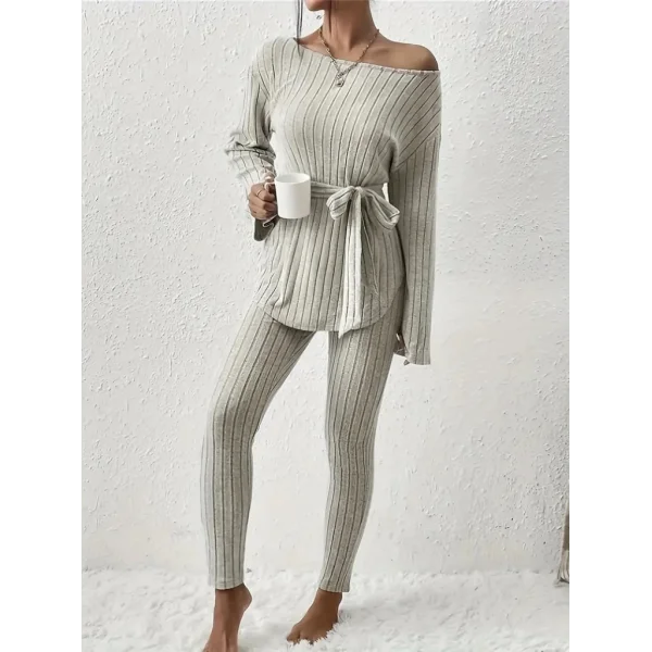 Kadın Uzun Kollu Tek Omuzu Açık Belden Kuşaklı şardonlu Kaşkorse Bluz Ve Tayt Pantolon